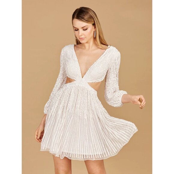NWT LARA White Long Sleeve Cut Out Mini Cocktail Dress Sequins Lace Up Back US 0 - Picture 1 of 6